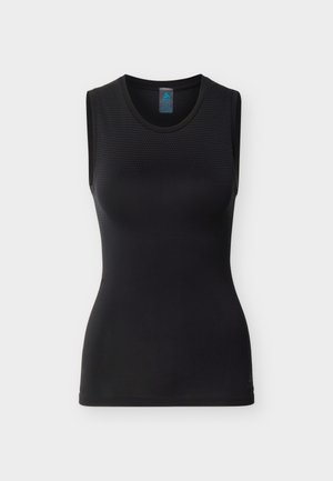 Camiseta deportiva sin mangas negra con panel texturizado en la parte superior delantera y escote redondo, mostrada sobre un fondo blanco liso.