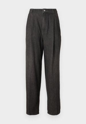 Dark grey denim trousers with a high waist, pleats at the front, straight legs, and a single button closure at the waistband.