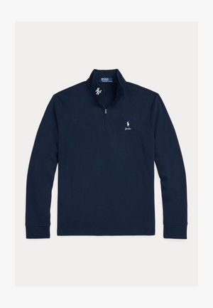Pulôver azul-marinho com colarim de meia zip, mangas longas e logótipo bordado no peito. Feito de material suave com uma textura lisa.