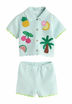 Light blue crochet short-sleeve button-up shirt and shorts set with tropical fruit and palm tree appliques and scalloped edges.