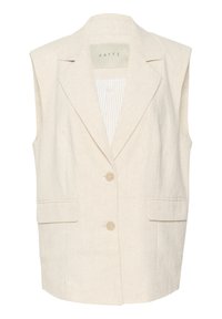 Lněný bezrukávový blazer v svetle béžové barvě s klopovým límcem, dvěma předními kapsami a zapínáním na tři knoflíky. Viditelná bíle plisé podšívka.