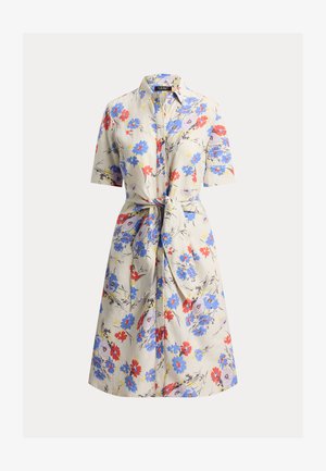 Φλοράλ φόρεμα-πουκάμισο με κοντά μανίκια· διαθέτει κουμπιά μπροστά, ζώνη στη μέση, και ύφασμα ανοιχτό μπεζ με κόκκινα, μπλε και κίτρινα λουλούδια.