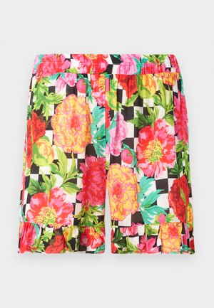 Damesshorts met een zwart-wit geblokt patroon, overlaid met grote kleurrijke bloemen in rood, roze, geel en groen met gerimpelde zoom.