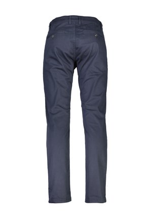 Pantaloni blu navy con una texture liscia, design a gamba dritta e due tasche posteriori con chiusura a bottone visibile.