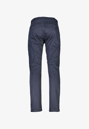 Pantaloni blu navy con una texture liscia, design a gamba dritta e due tasche posteriori con chiusura a bottone visibile.
