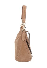 Tan suede handbag with a single top handle, gold hardware, zipper detail, and a relaxed shape. Side view showcases texture and design.