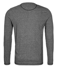 Šedé tričko s dlouhým rukávem a kulatým výstřihem, vyrobené z jemného materiálu. Má ploché švy a hladkou texturu.