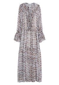 Pitkähihainen kuvioitu mekko, jossa on röyhelökaulus, napitettu etuosa, kellohelmat ja kerroksellinen hame kalpeissa purppuran, ruskean ja valkoisen sävyissä.