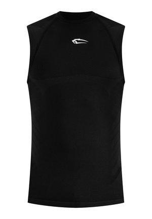 Czarna sportowa koszulka bez rękawów z subtelnymi panelami z siateczki oraz małym białym logo pod szyją na środku przodu.