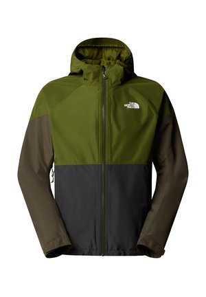 Veste imperméable avec un design bicolore en olive et vert foncé, dotée d'une capuche, d'une fermeture éclair intégrale et d'un logo sur la poitrine.