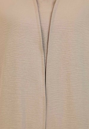 Light beige cardigan featuring a smooth texture, open front design, and subtle pleats, with a straight cut along the edges.