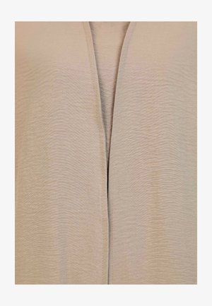 Lys beige cardigan med en glat tekstur, åben frontdesign og subtile plisseringer, med en lige snit langs kanterne.