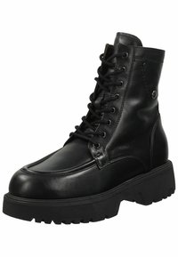 Black leather ankle boot with a rounded toe, lace-up design, textured rubber outsole, and metal accents on the side.