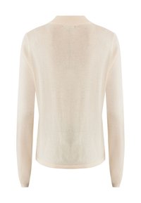 Ljusbeige kofta, mjukt, lättstickat material, långa ärmar, rund halsringning, ribbade manchetter och nederkant, sömlös baksidesdesign.