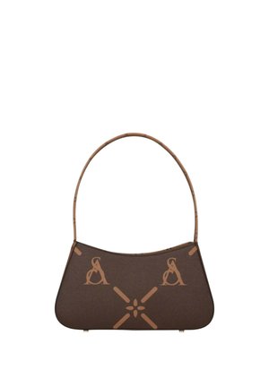 Piccola borsa marrone con manico ad arco, decorata con lettere stilizzate color cuoio e motivi geometrici sulla parte anteriore.
