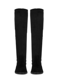 Czarne zamszowe kozaki za kolano o gładkiej fakturze, prostym kroju i subtelnych detalach przeszycia. Płaska podeszwa bez widocznych elementów metalowych.
