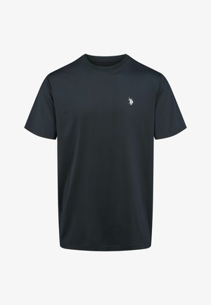 Juodas trumpas rankovėmis marškinėliai, pagaminti iš lygaus audinio, su apvalia iškirpte ir mažas baltas logotipas kairėje krūtinės pusėje. Paprastas dizainas.