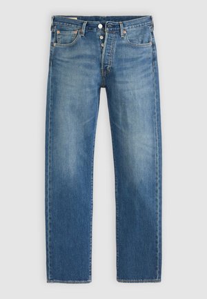 Denim jeans in light blue with a straight cut, featuring five pockets, metal button closure, and contrasting yellow stitching.