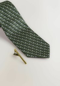 Green tie with a geometric pattern in dark and light shades, featuring white accents. Includes a gold tie clip alongside.
