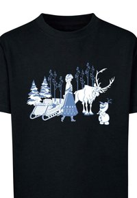 Black t-shirt featuring a light blue design of a character with a reindeer and snowman, set against pine trees and a snow vehicle.