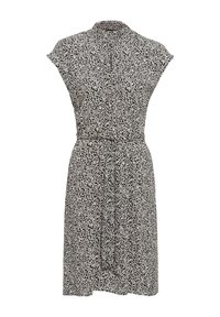 Zwart-wit gestreepte jurk met een hoge halslijn, korte mouwen en een strikceintuur in de taille, gemaakt van lichtgewicht stof.