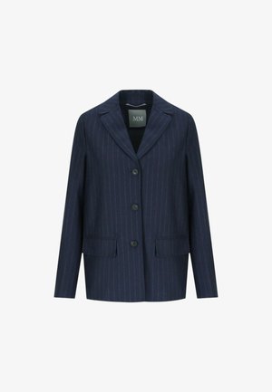 Blazer a righe blu navy con revers a scollo a V, chiusura a tre bottoni e due tasche frontali. Realizzato in tessuto morbido con una forma su misura.