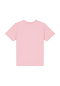 T-shirt rose à manches courtes en tissu doux avec un col rond et un ourlet droit. Aucun motif ni accent n'est visible à l'arrière.