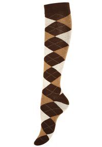 Calzino marrone fino al ginocchio con motivo argyle in tonalità di marrone, beige e crema, dotato di un tessuto lavorato e decorazioni a pois.