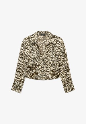 Langärmliges Hemd zum Knöpfen mit Leopardenmuster und weiten Manschetten, flach auf einem weißen Hintergrund ausgelegt.