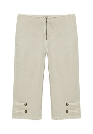 Beige cropped bukser med frontlynlås og to dekorative knapstropper ved kanten på hvert ben.