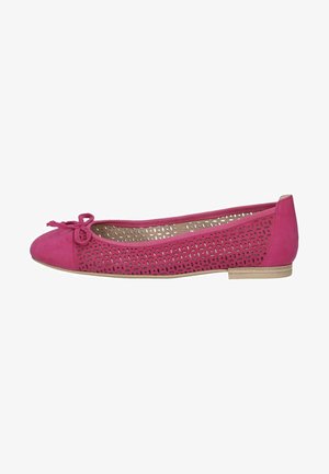 Pink suede ballet flat with cut-out design and bow detail on the toe. Features a flat sole and textured interior.