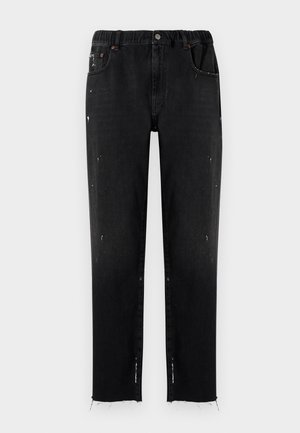 Jeans noirs en denim avec une taille élastique, coupe droite, détails usés et ourlet effiloché. Comprend des poches et une fermeture à bouton.