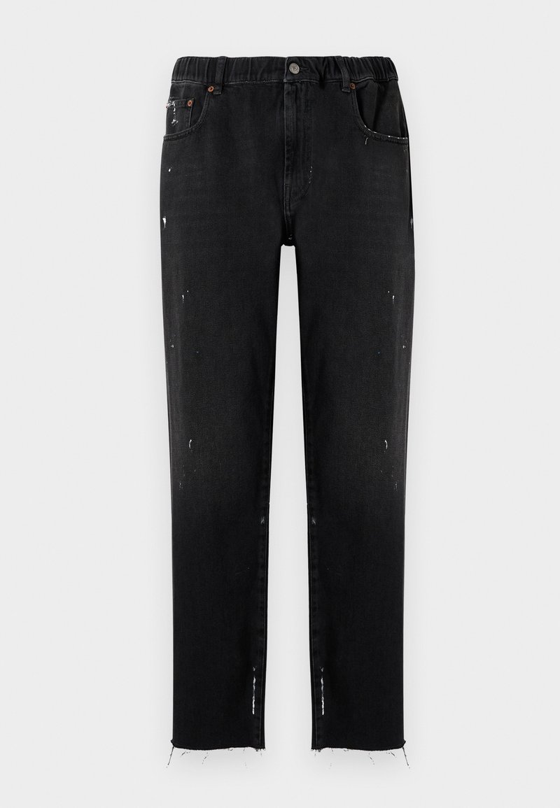 Black jeans made of denim with elastic waistband, straight cut, distressed detailing, and frayed hem. Features pockets and button closure.