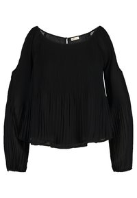 Svart plisserad blus med vid halsringning, långa ärmar och rund nederkant. Tillverkad av lätt material med texturerad yta.