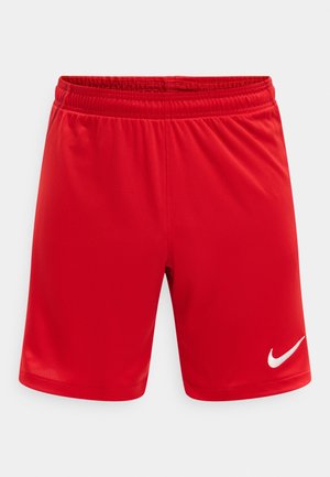 Czerwone sportowe szorty z elastycznym pasem i białym logo Nike Swoosh na dolnej prawej nodze.