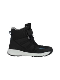 Scarpe da ginnastica alte nere con cinturini in Velcro, tomaia in sintetico testurizzato, dettagli grigi e suola in gomma bianca. Presentano un'etichetta per il trasporto e dettagli blu.