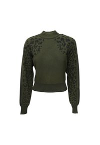 Maglione a maglia verde scuro con motivi a stampa leopardata su spalle e maniche, caratterizzato da un colletto alto e polsini e orlo a costine.