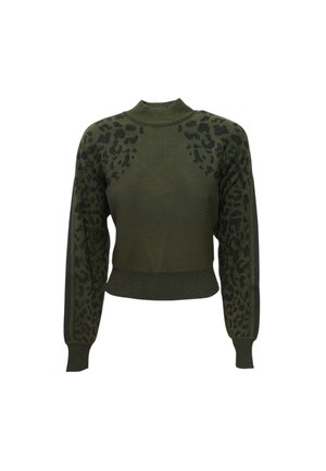 Maglione a maglia verde scuro con motivi a stampa leopardata su spalle e maniche, caratterizzato da un colletto alto e polsini e orlo a costine.