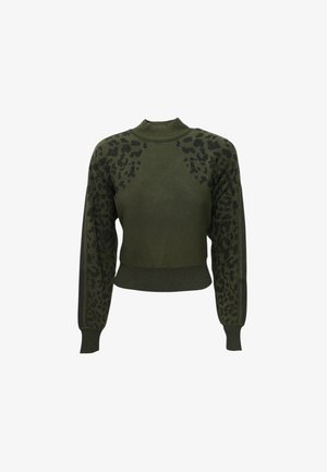 Maglione a maglia verde scuro con motivi a stampa leopardata su spalle e maniche, caratterizzato da un colletto alto e polsini e orlo a costine.
