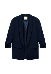 Marineblauwe blazer met een sjawlkragen, open voorkant en twee voorzakken. Gemaakt van een soepele stof met gathered mouwen.