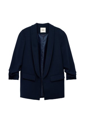 Blazer blu navy con colletto a scialle, apertura frontale e due tasche. Realizzato in un tessuto liscio con maniche arricciate.