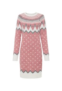 Abito in maglia con scollo rotondo, base rosa, motivi geometrici bianchi e grigi, maniche lunghe e dettagli a costine sui polsini e all'orlo.