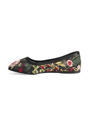 Schwarze flache Schuhe mit floralen Stickereien in Pink, Rot, Gelb und Grün. Sie verfügen über eine abgerundete Zehenpartie und ein schlankes Profil. Glatte Textur mit elastischen Kanten.