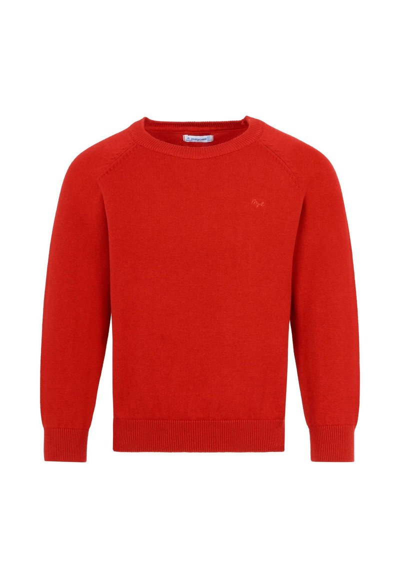 Pull en laine rouge tricoté avec un col rond, des manches longues et des poignets et ourlets côtelés. Présente un subtil détail de logo sur la poitrine.