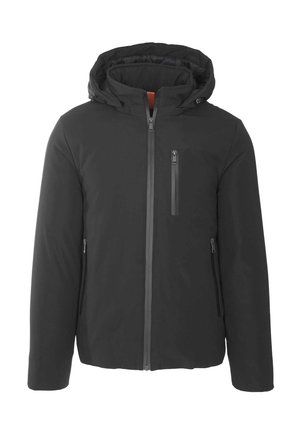 Giacca nera con cappuccio, zip frontale, una tasca con zip sul petto e due tasche laterali con zip, progettata per il freddo.