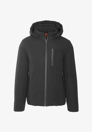 Giacca nera con cappuccio, zip frontale, una tasca con zip sul petto e due tasche laterali con zip, progettata per il freddo.