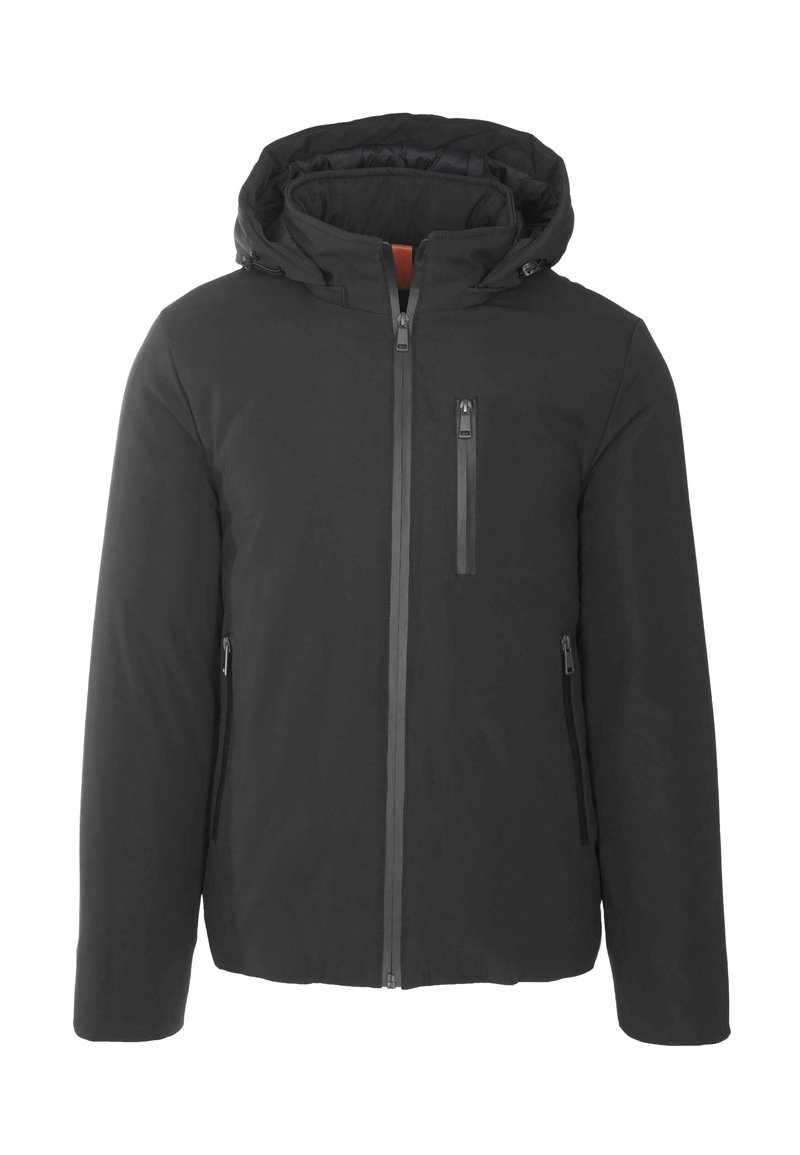 Giacca nera con cappuccio, zip frontale, una tasca con zip sul petto e due tasche laterali con zip, progettata per il freddo.