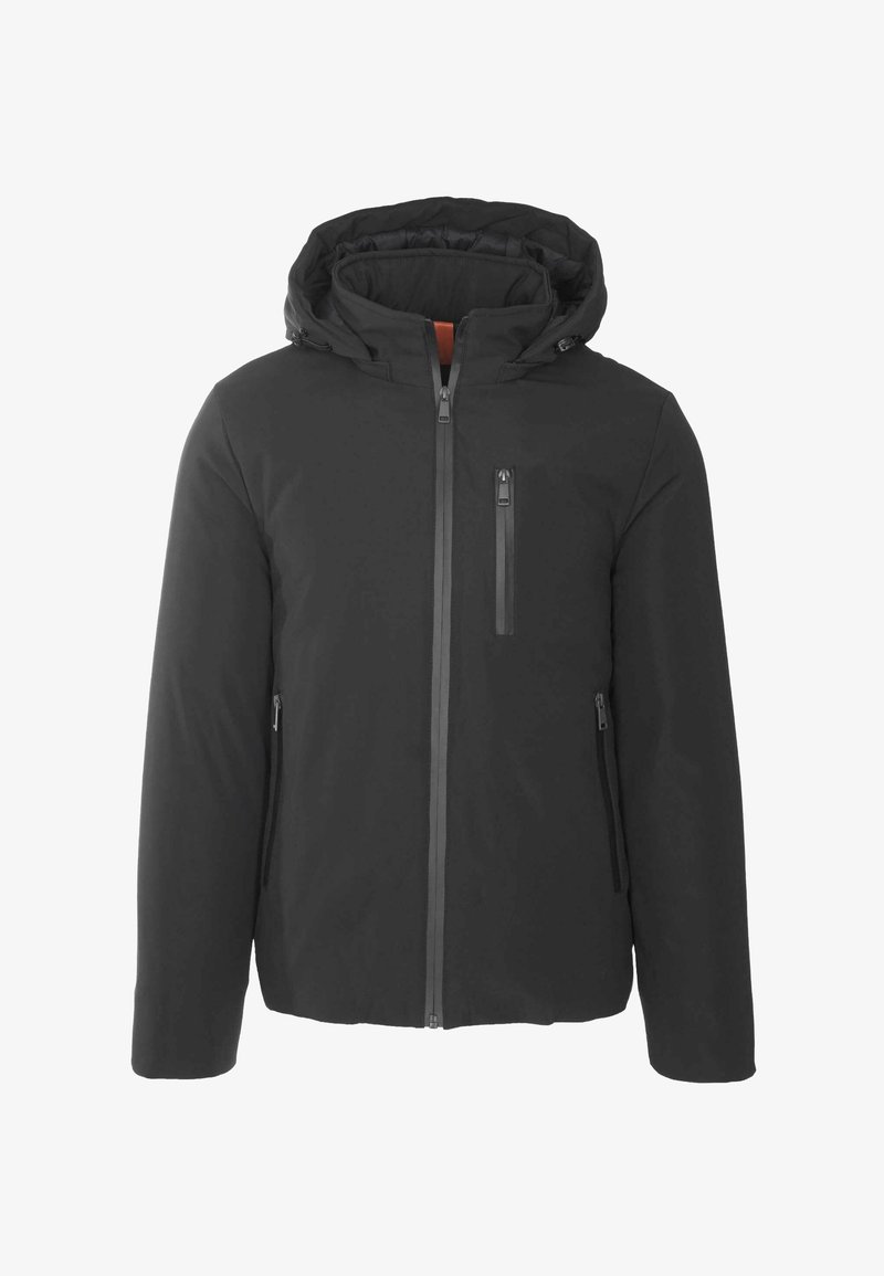 Giacca nera con cappuccio, zip frontale, una tasca con zip sul petto e due tasche laterali con zip, progettata per il freddo.