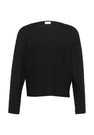 Pull noir à côtes avec des manches longues, arborant un design ajusté et un décolleté bateau. Un motif texturé s'étend verticalement.