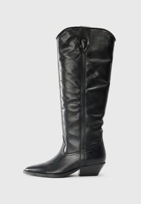 Knee-high black leather boots with a pointed toe and a block heel. Features a smooth texture and a subtle seam detail at the front.